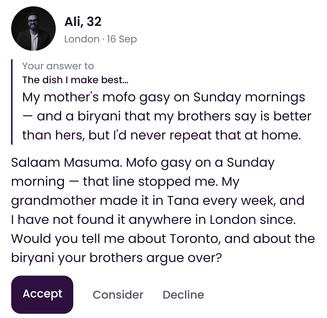 A letter of interest from Ali to Masuma, with Accept, Consider, Decline